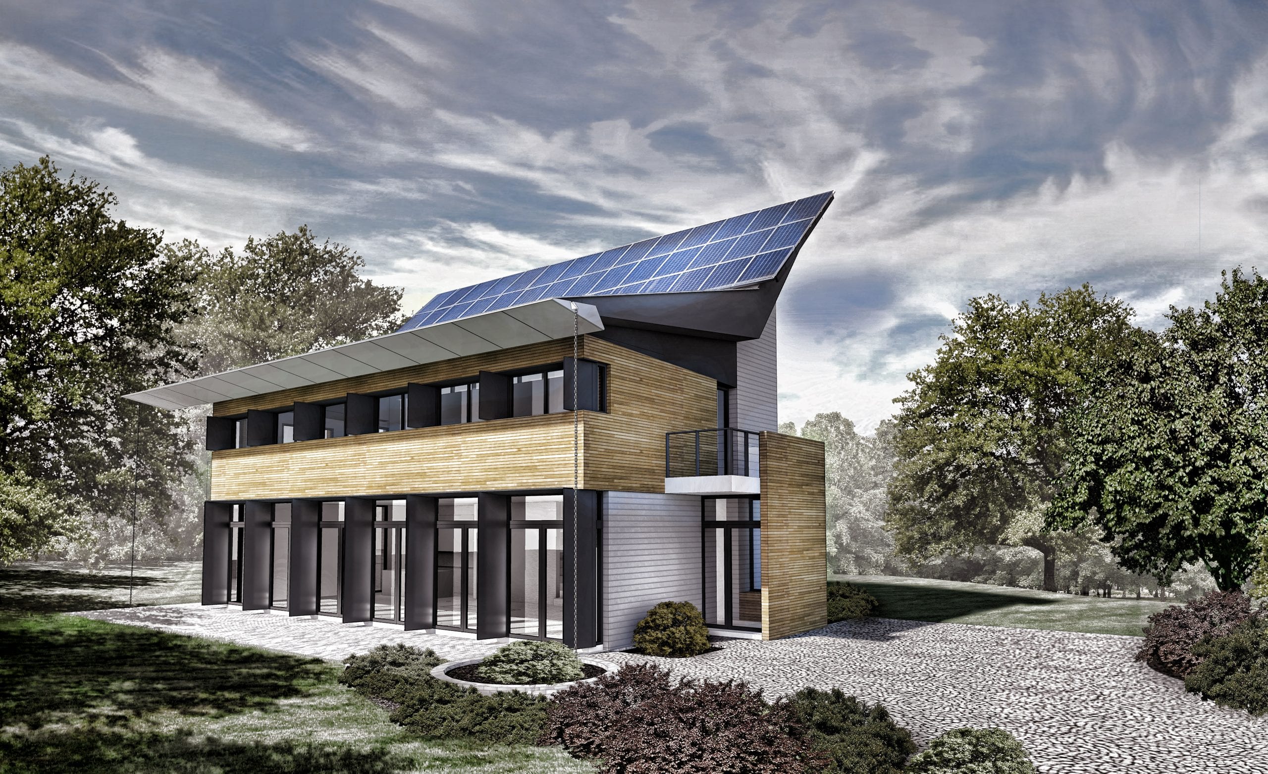 Rendering of a house with solar panels